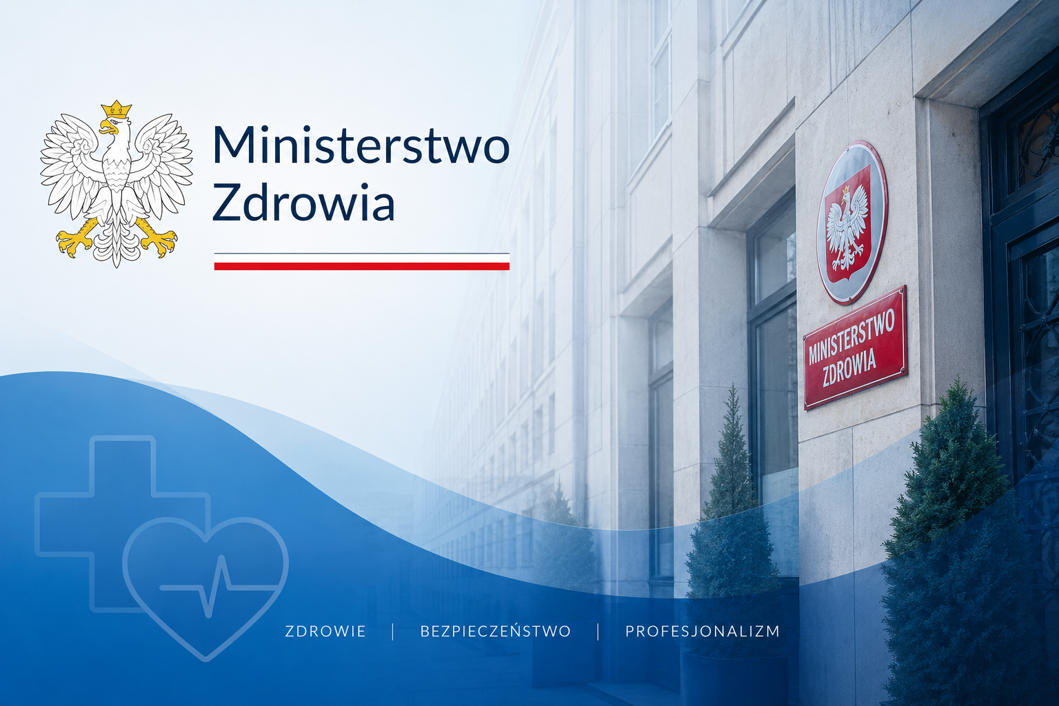 Wejście do budynku Ministerstwa Zdrowia z godłem Polski i hasłami: zdrowie, bezpieczeństwo, profesjonalizm.